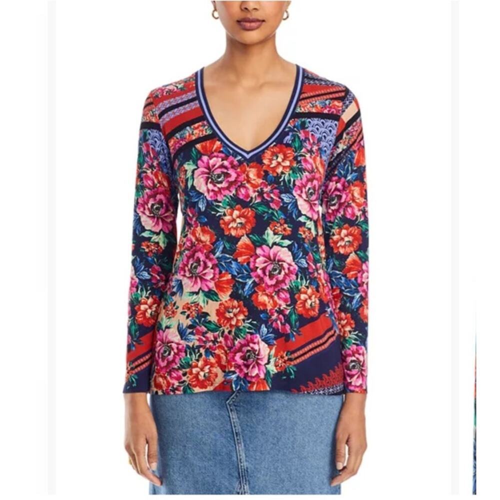 Johnny Was The Janie Favorite Floral Long Sleeve V-Neck Swing Tee Sz L Colorful